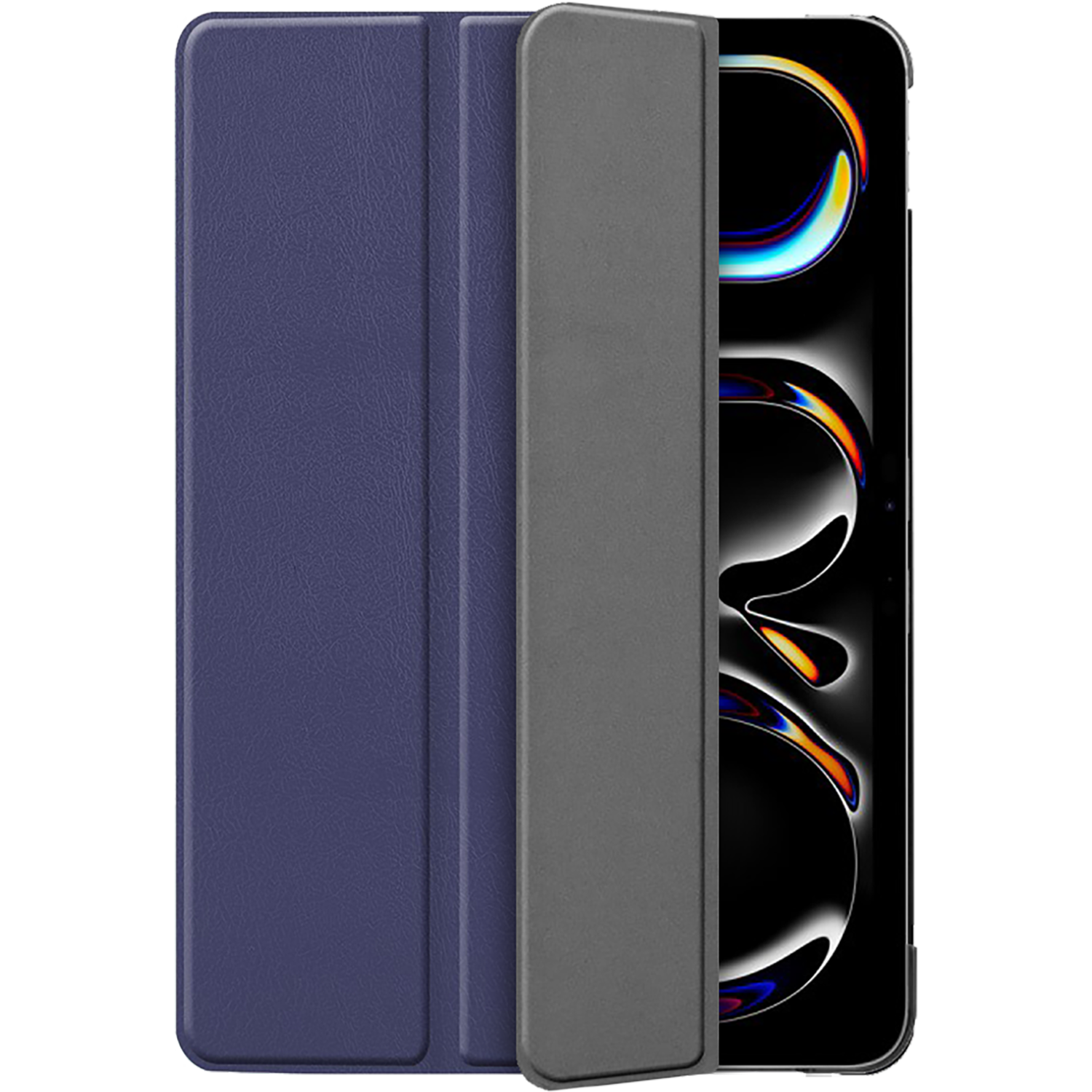 A blue phone case, open to show the phone, against a black background.