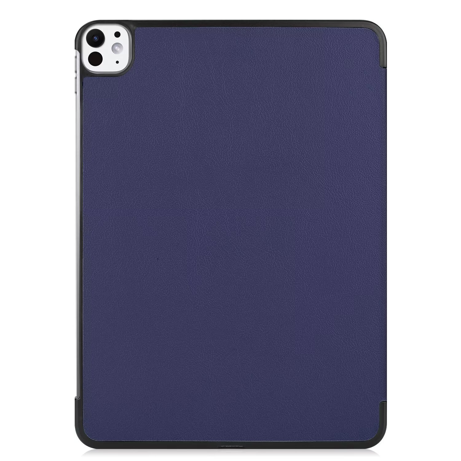 A dark blue tablet in a black case. The case has a smooth surface and is rectangular.