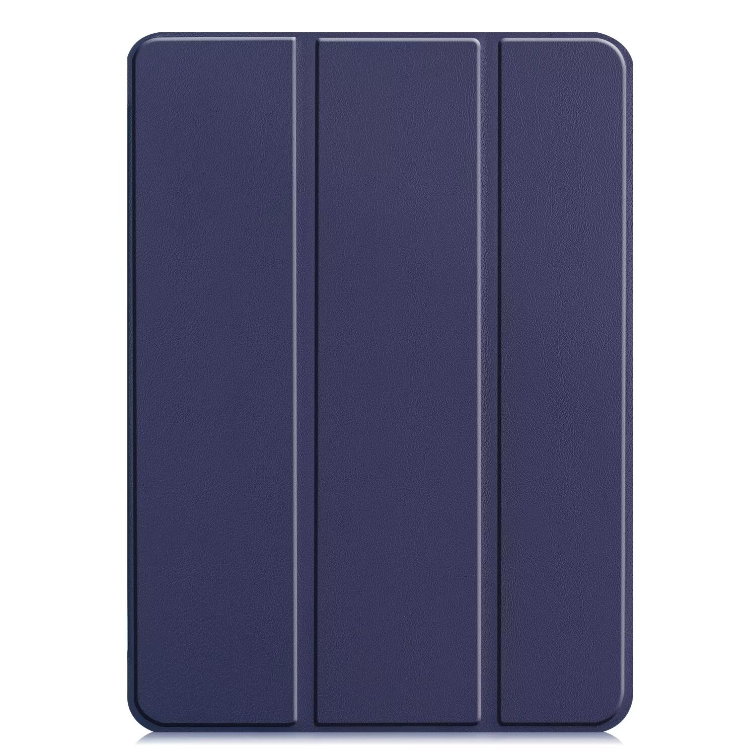 Blue tablet case, closed, standing up. Vertical lines. Dark blue. White background.