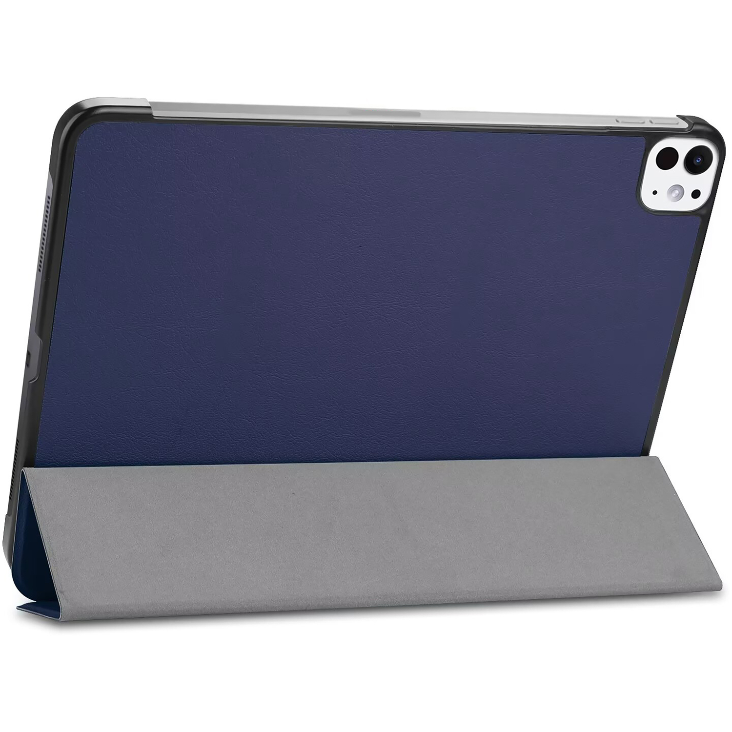 A blue tablet case with a black frame and an open gray cover, on a white background. It is a case for iPad.