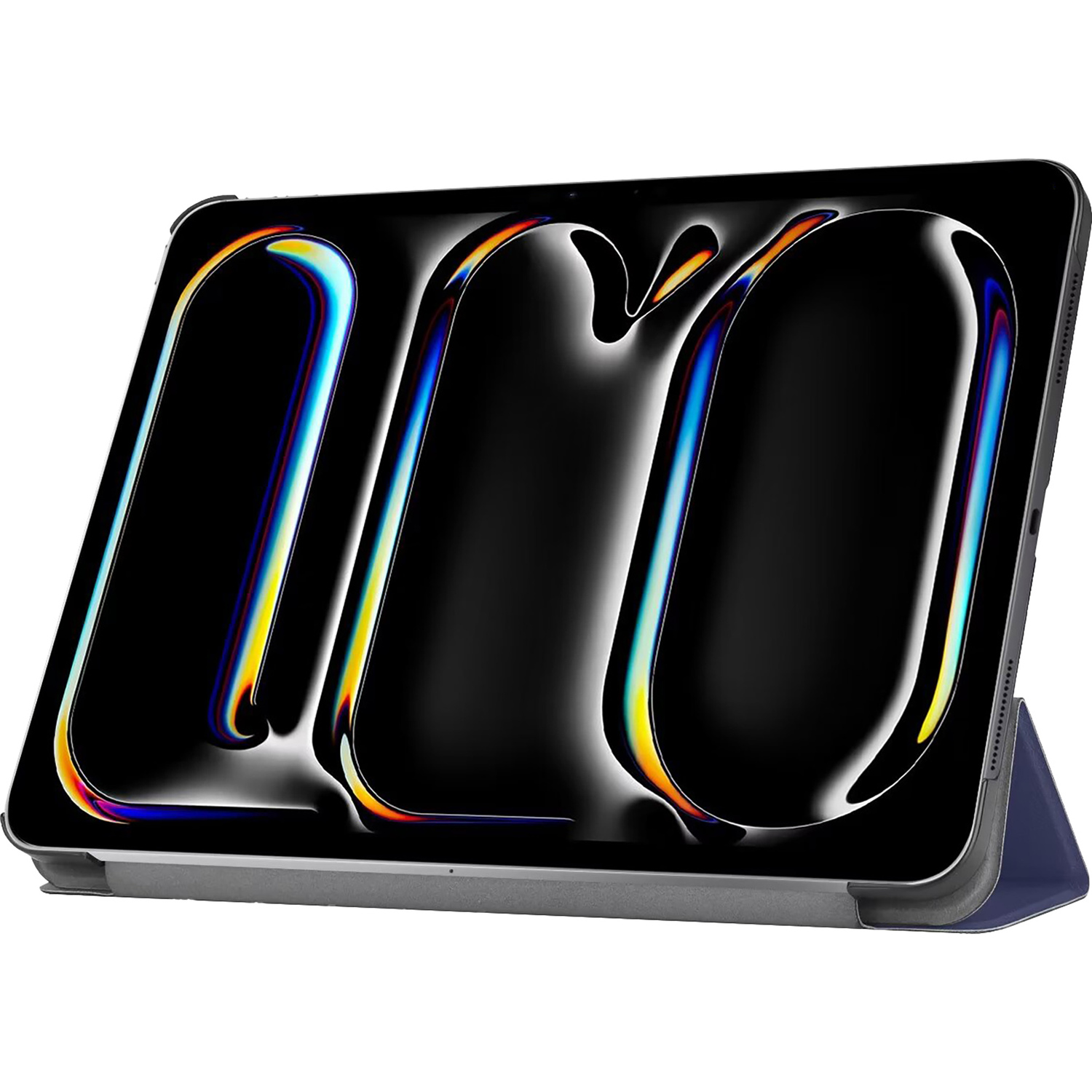 Tablet with a colorful screen, in a dark grey case on a blue stand.