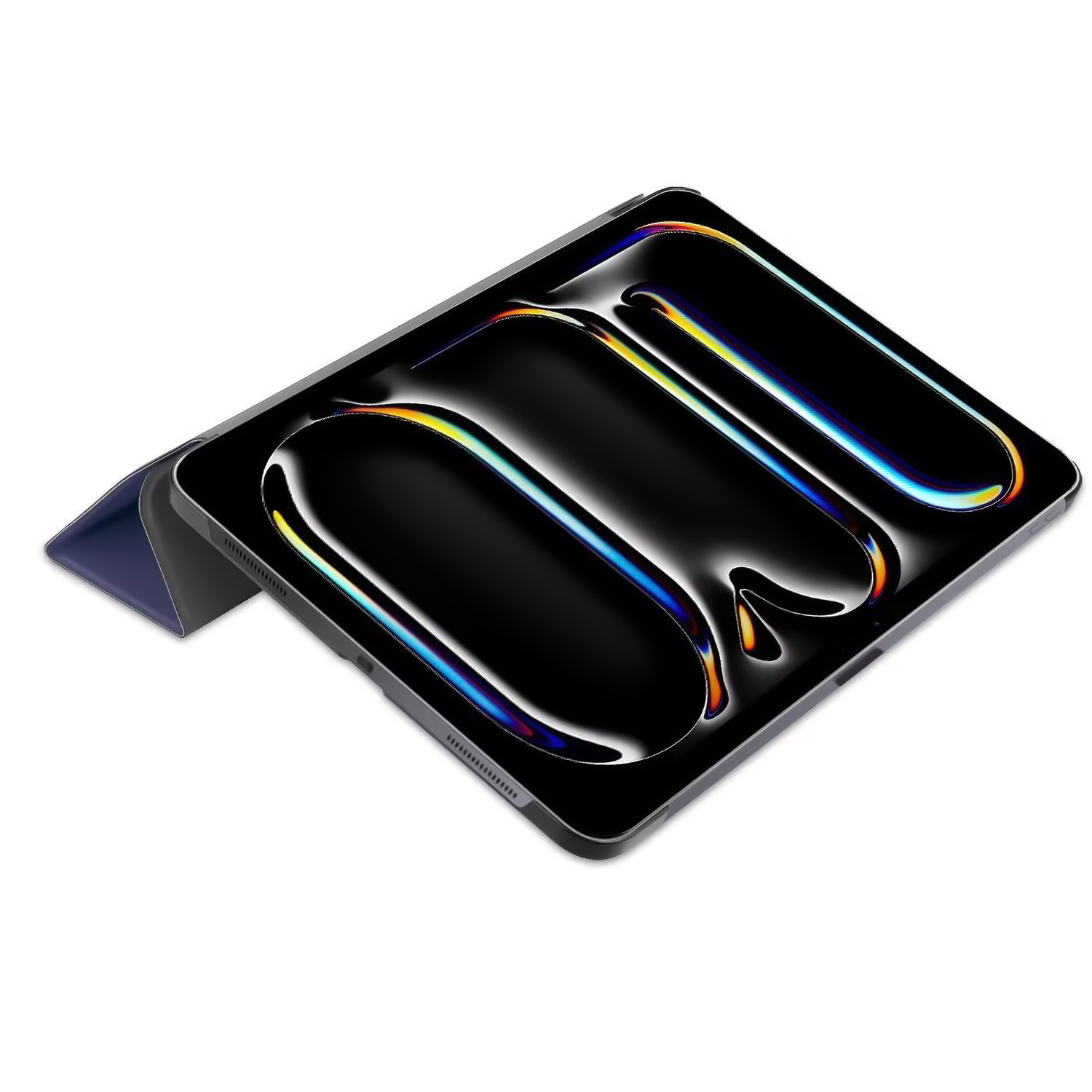 An open tablet on a surface. The screen shows a black and blue abstract design.