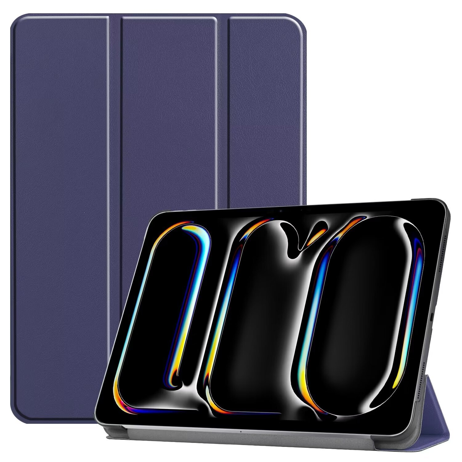 A blue tablet with a case, propped up, with a reflective screen, white background.