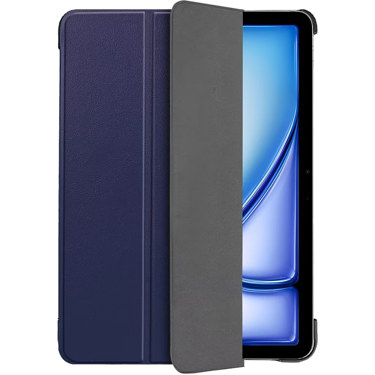 Tablet case, dark blue case with a grey cover open, showing the screen.