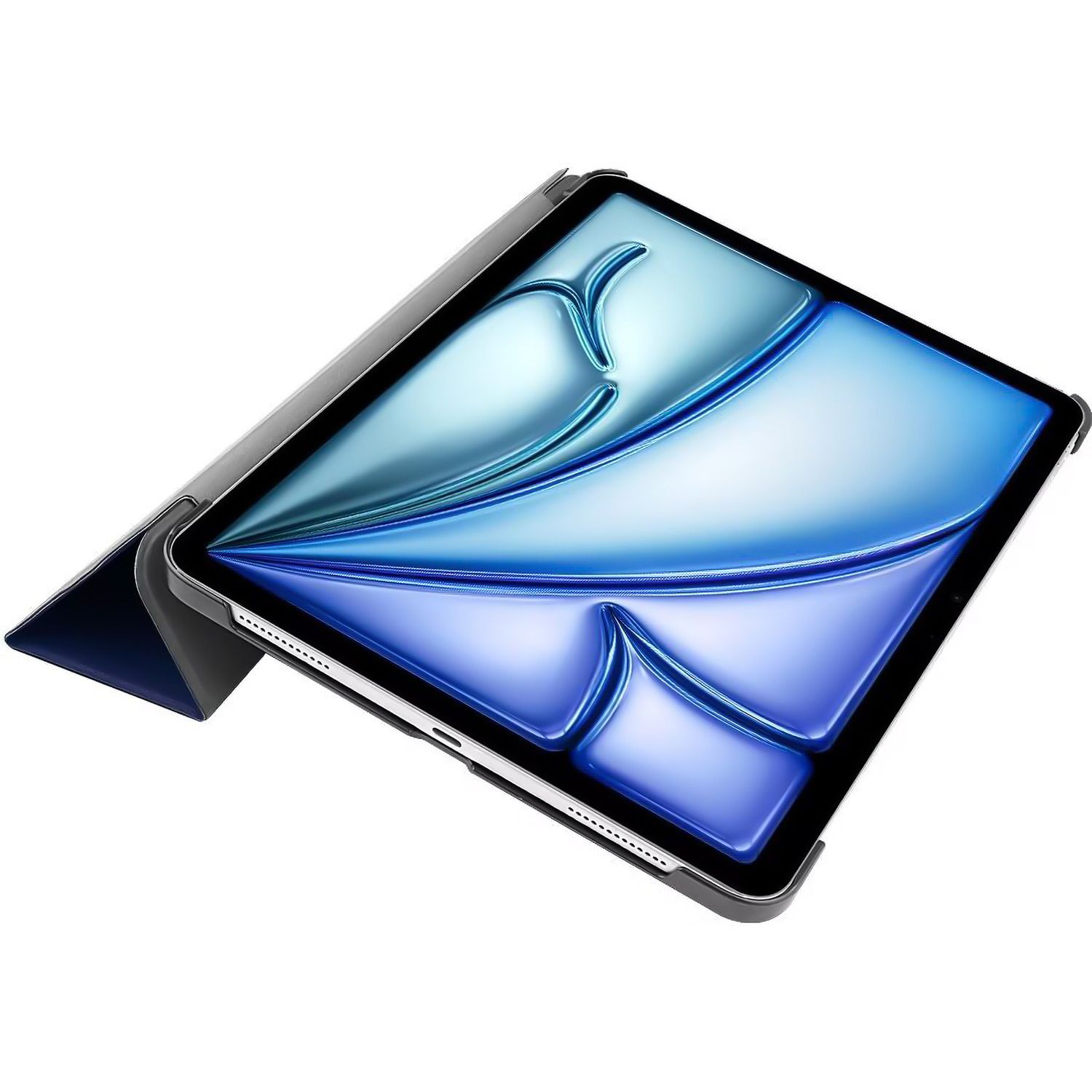 An open tablet in a dark case is angled up. The screen displays a blue and silver gradient pattern.