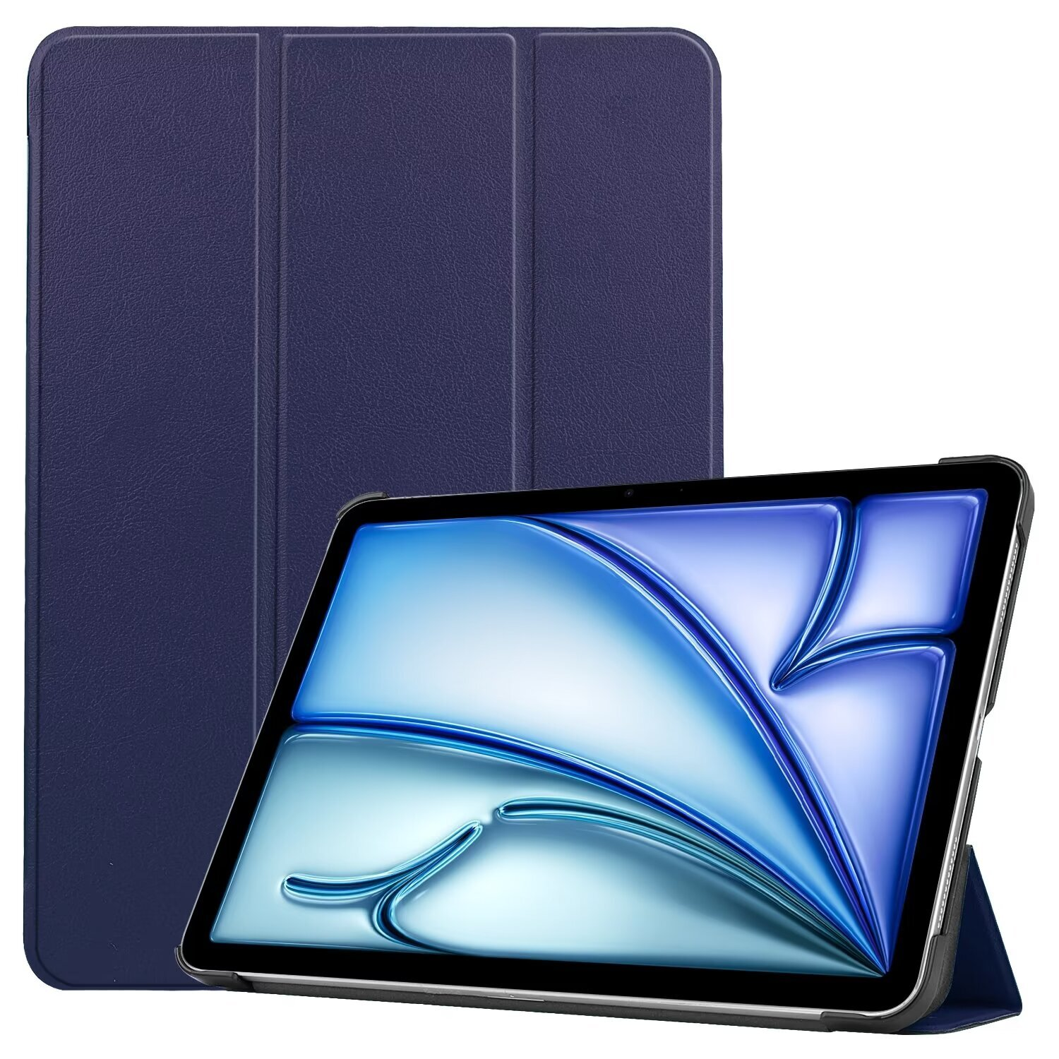 Tablet, encased in a blue cover. The tablet is showing a blue and white design.