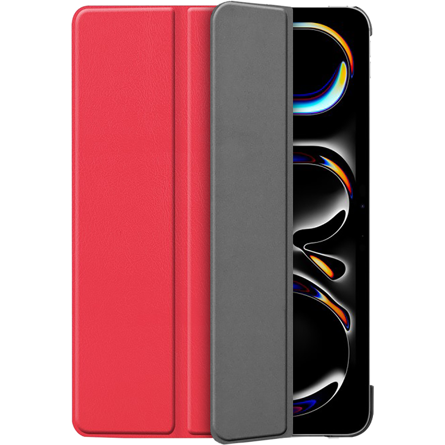 Un étui de téléphone rouge, partiellement ouvert, révélant un écran de téléphone avec un design incurvé sur fond noir.