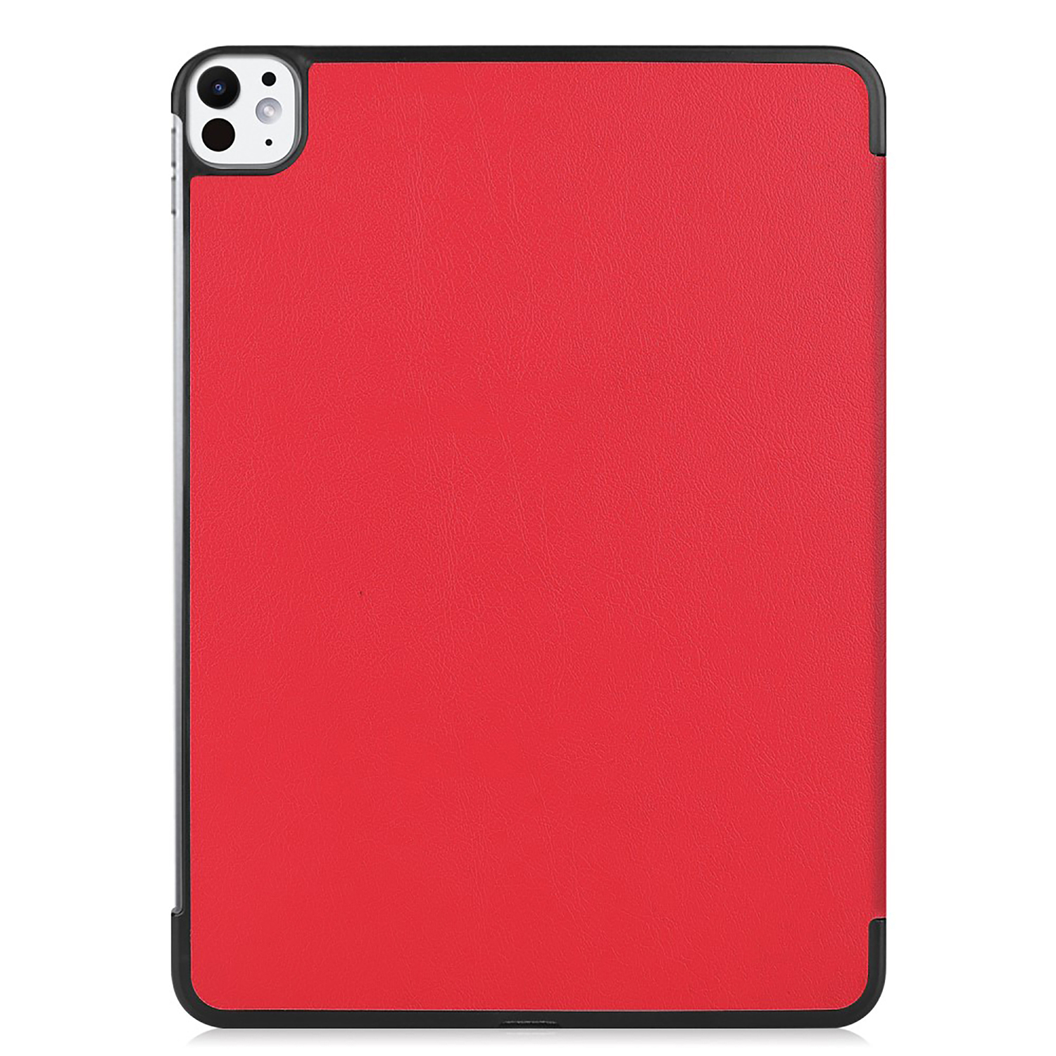 Une housse de tablette rouge avec bords noirs et découpe pour caméra est montrée sur une surface blanche.