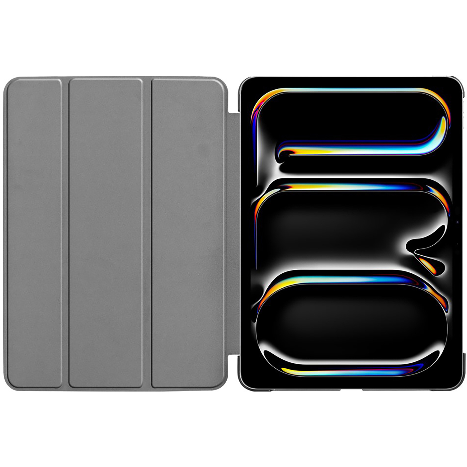 Étui de tablette gris ouvert. Tablette noire, affichage coloré sur l'écran.