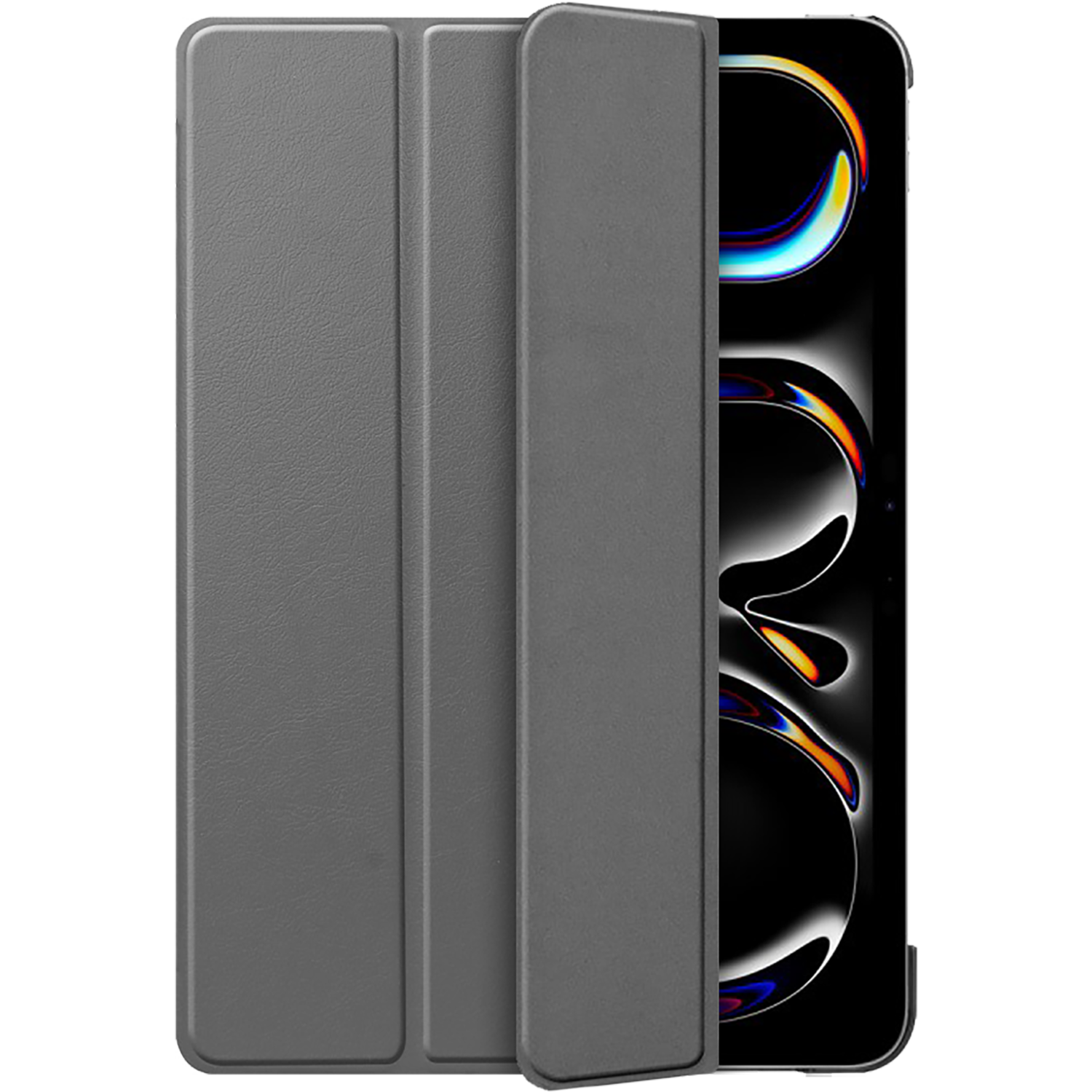 Étui de tablette gris. La tablette est à l'intérieur. L'étui est replié pour soutenir la tablette. Écran noir visible.