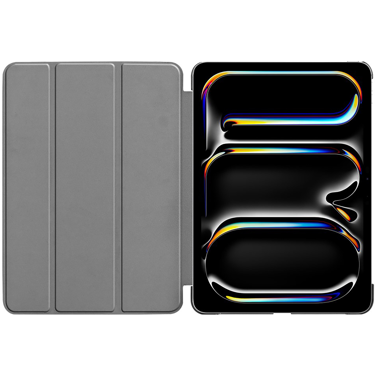 Étui de tablette gris ouvert, montrant un écran noir avec un graphique.