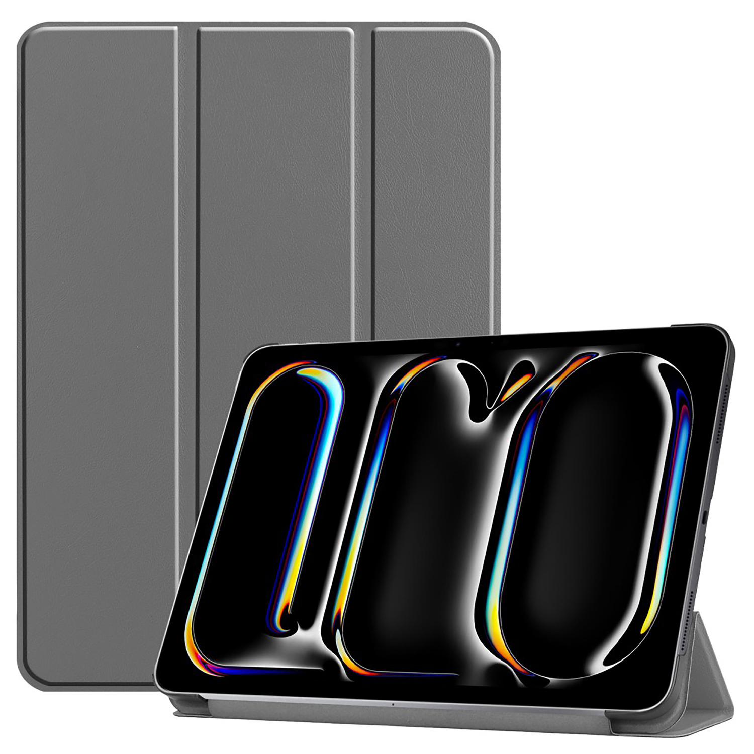 Étui iPad gris avec une tablette affichant un logo coloré, à côté d'un étui fermé.