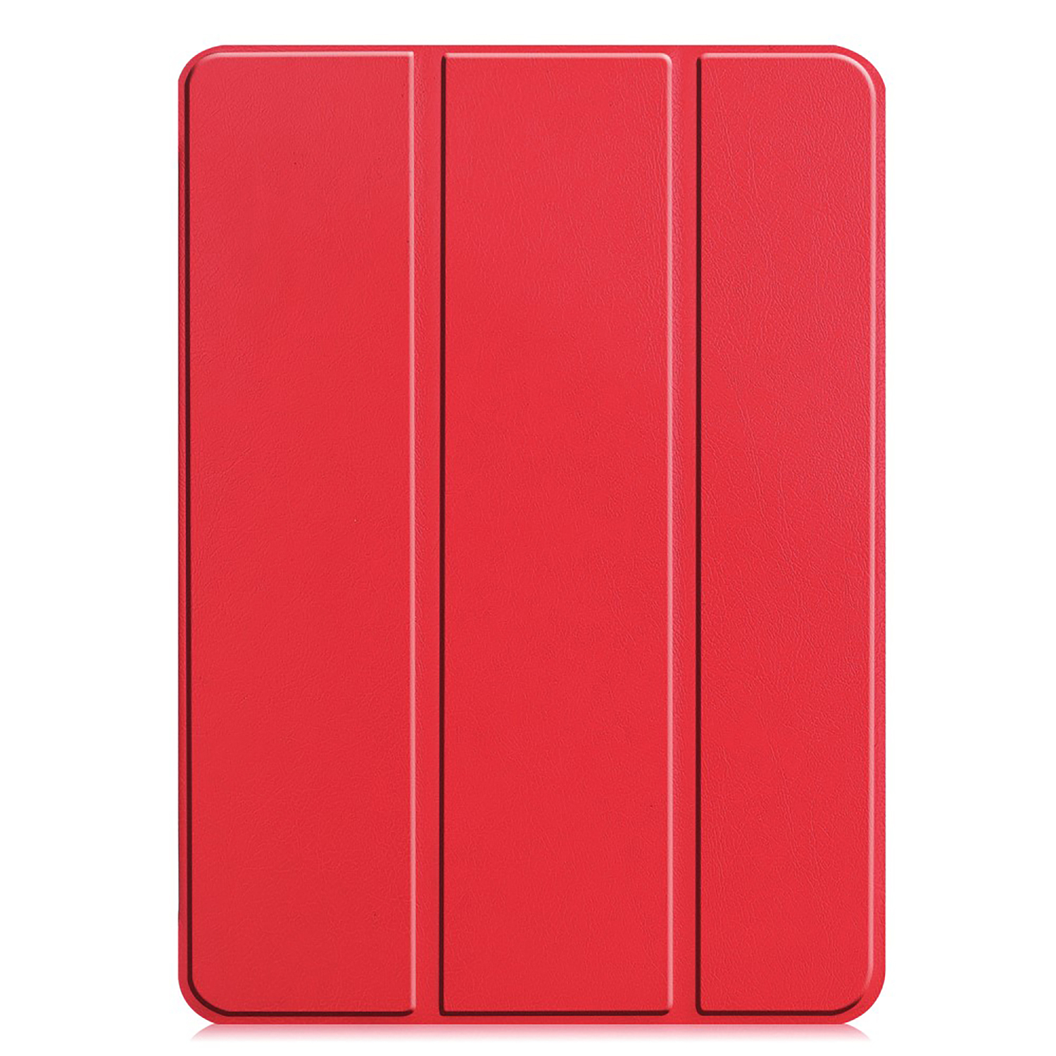 Housse de tablette rouge pliée, montrant l'extérieur. Fond rouge.