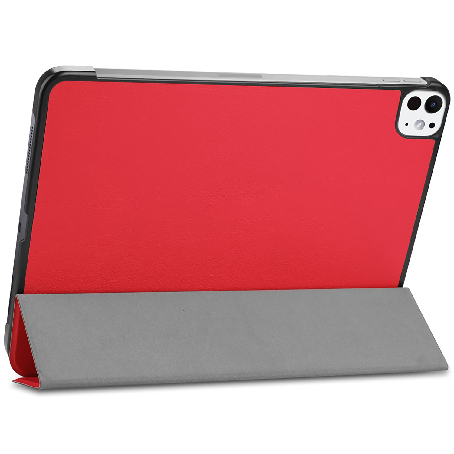 Tablette avec une coque rouge et un support gris. L'arrière montre des caméras et un bord noir.