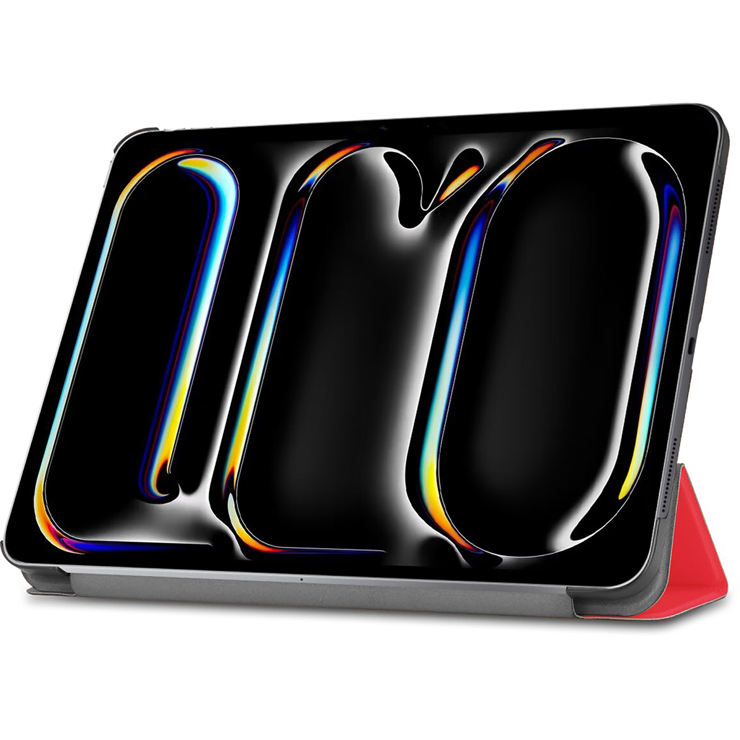 Tablette dans un étui rouge, avec un grand logo coloré sur l'écran.