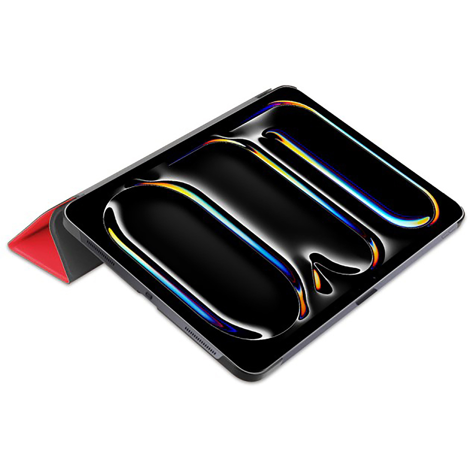 Un étui de tablette noir au design élégant et à l'accent rouge. L'étui est partiellement ouvert.