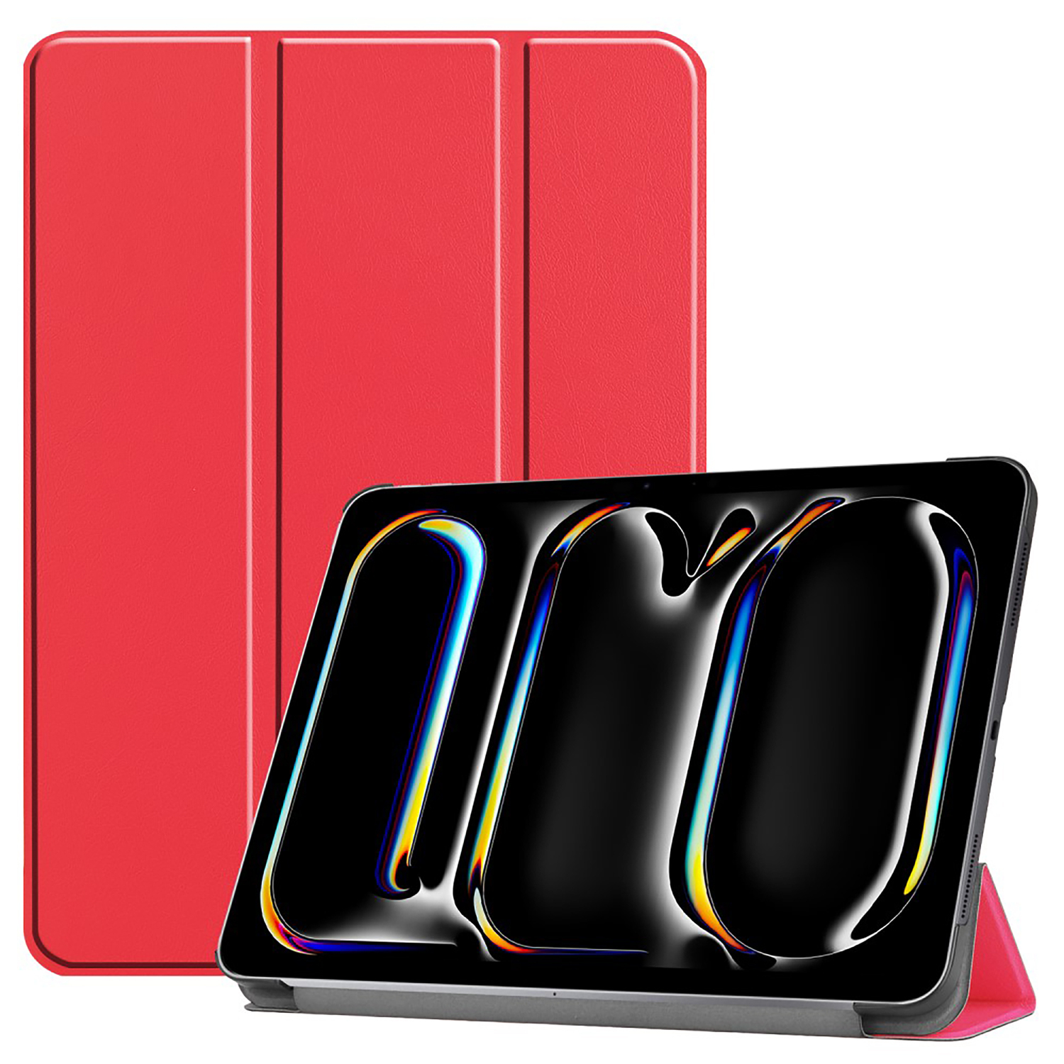 Une coque de tablette rouge, ouverte avec la tablette montrant un design coloré. La coque est rouge.