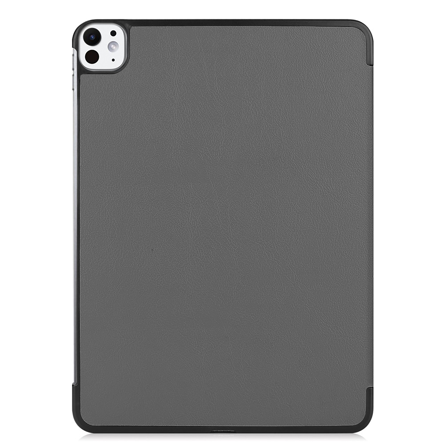 Étui de tablette gris avec cadre noir. L'étui est sur fond blanc. A une découpe pour la caméra.