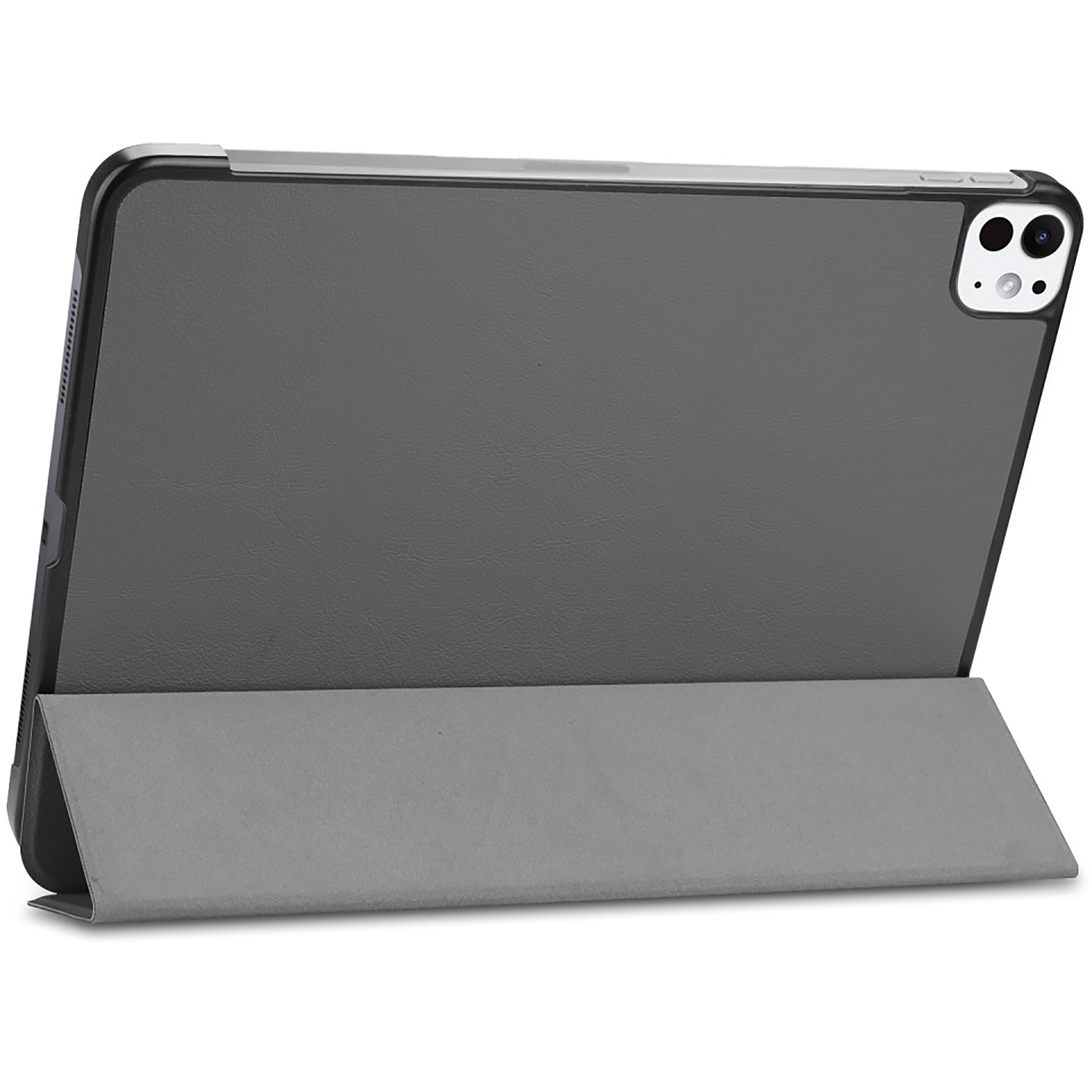 L'arrière d'une tablette dans un étui gris, calé. L'étui est en similicuir.