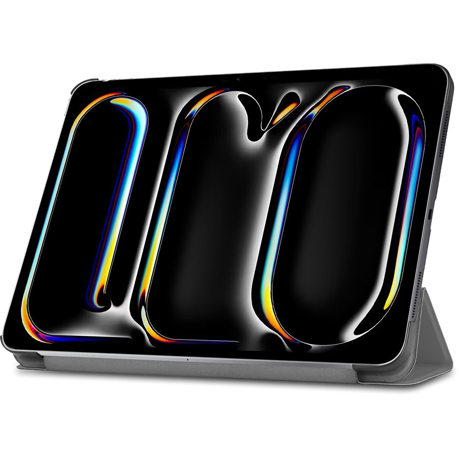 Tablette avec un écran affichant des lignes et des formes colorées, placée sur un support.