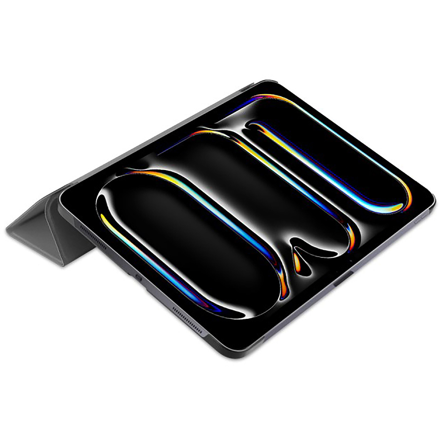 Tablette noire avec une couverture, l'écran est coloré et le fond est blanc.