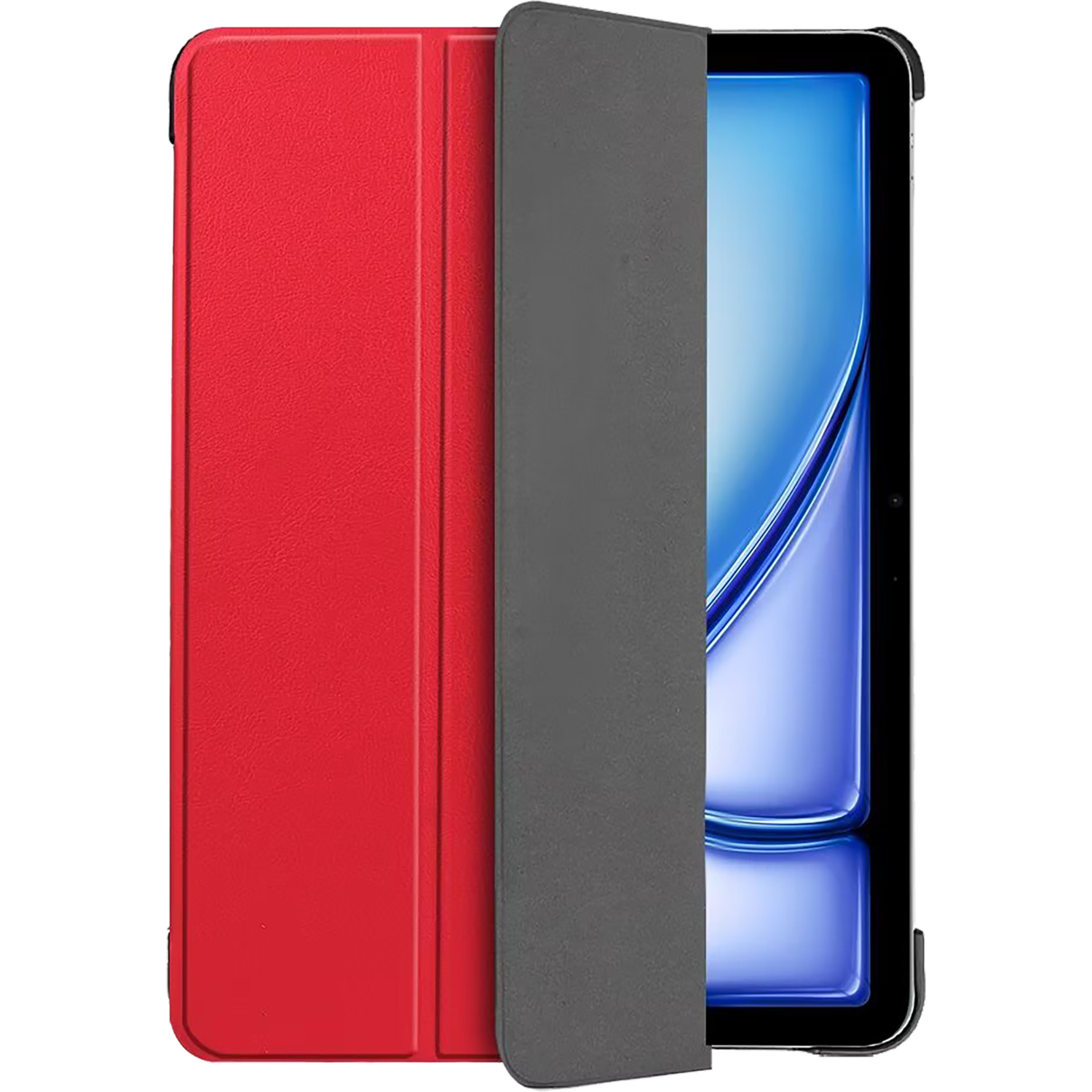 Étui de tablette, rouge à l'extérieur, gris à l'intérieur, avec une tablette visible.