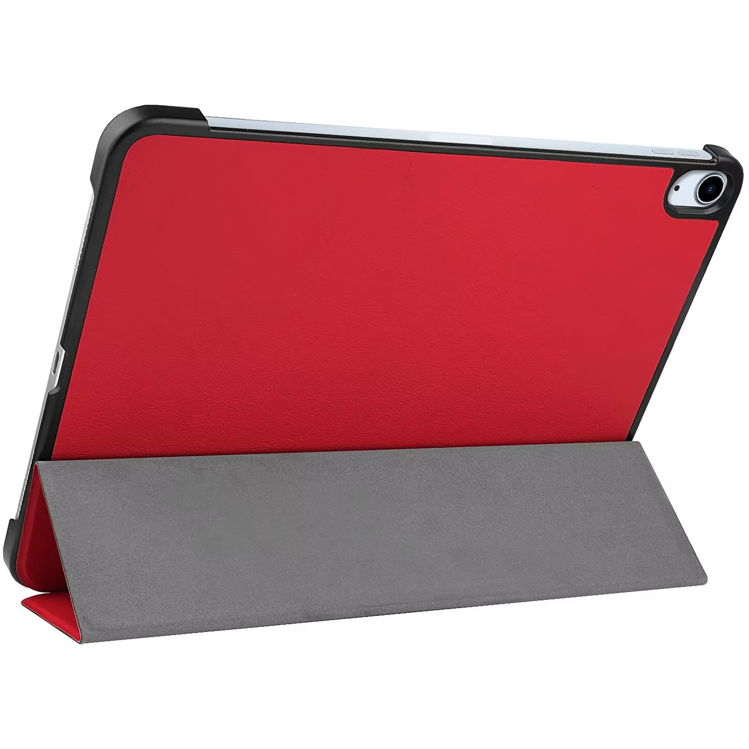 Étui de tablette rouge et gris. La tablette est inclinée, révélant l'intérieur rouge.