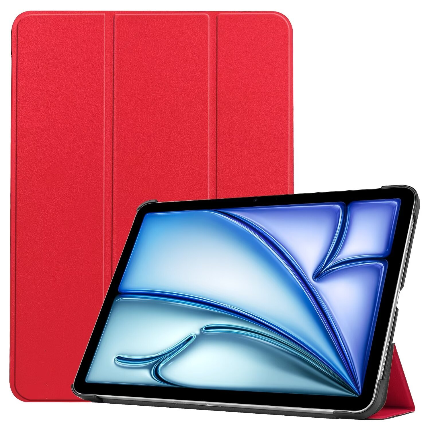 Une housse de tablette rouge avec une tablette à l'intérieur. L'écran affiche un motif bleu.