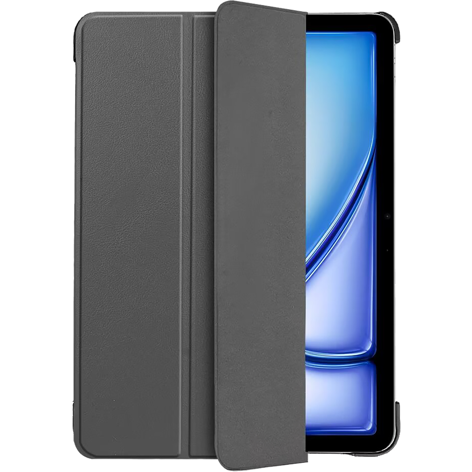 Tablet in een grijze hoes, gedeeltelijk open. Het scherm toont een blauwe gradiënt. De hoes is getextureerd.