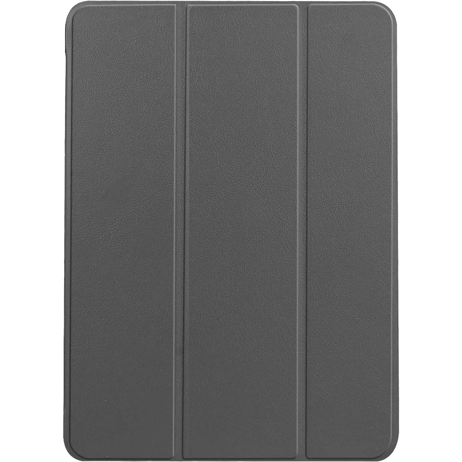 Gesloten grijze tablethoes, drie vouwen zichtbaar.