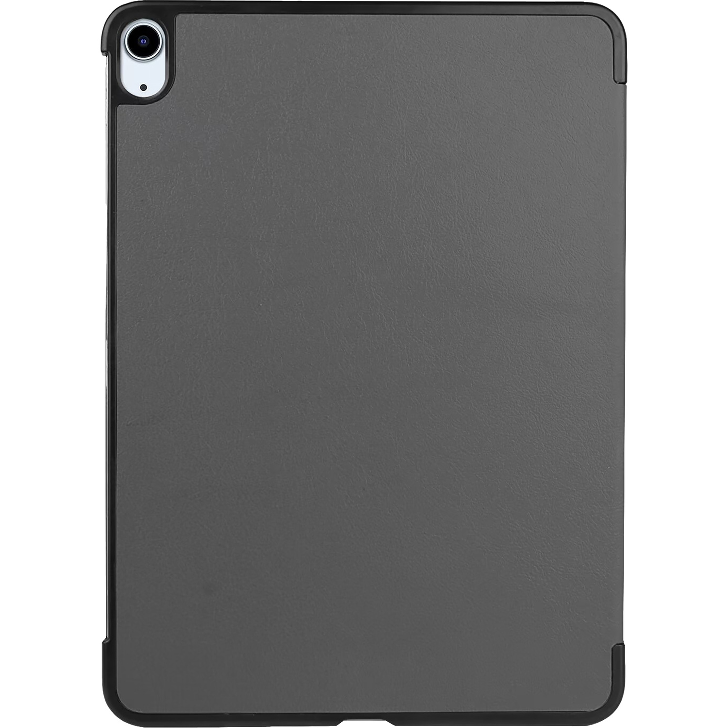 Grijze tablet in een zwarte hoes. De achterkant van het apparaat.