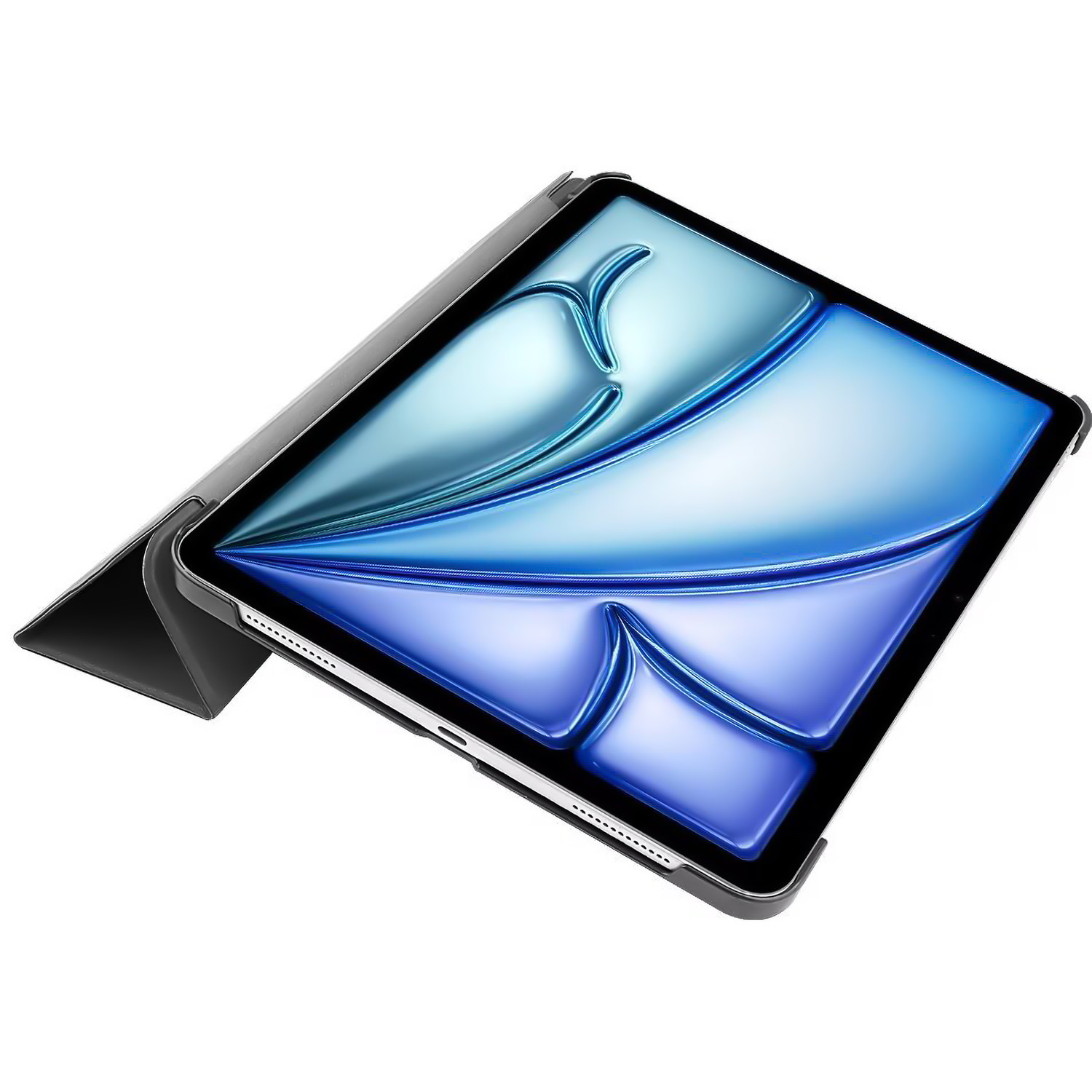 Een tablet in een grijze hoes. De hoes is open en toont het tabletscherm met een blauw en groen ontwerp.