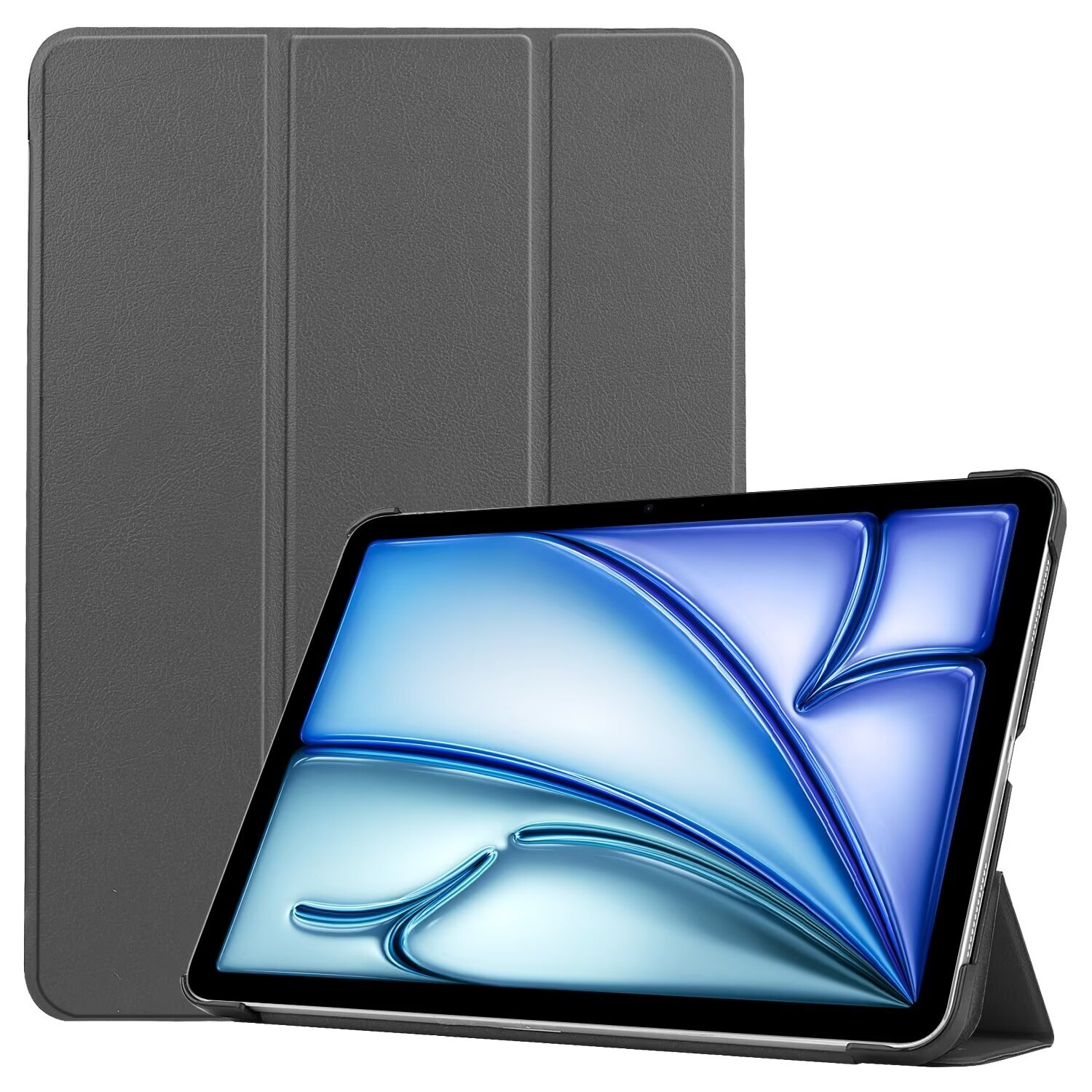 Grijze tablet in een gesloten grijze hoes, rechtop.