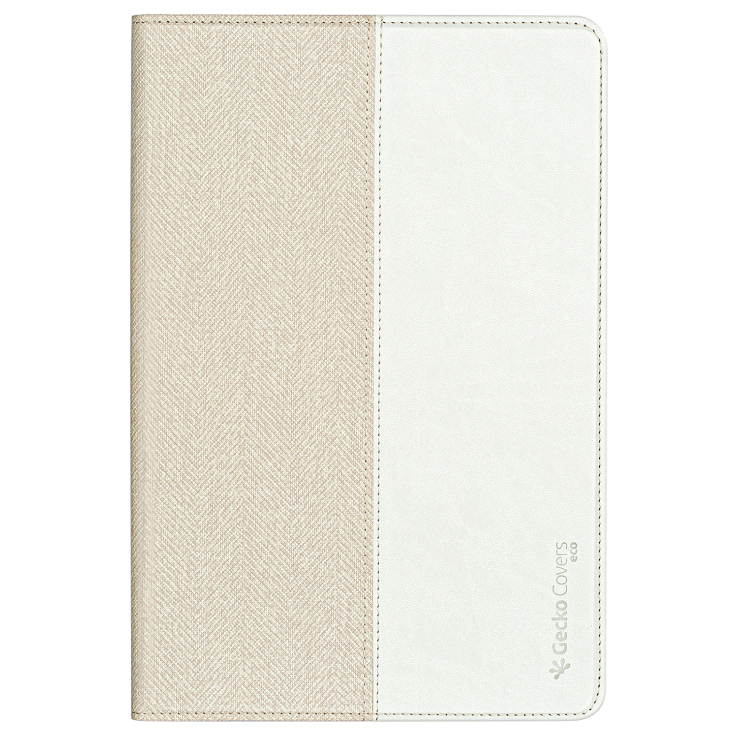 Tablet case, beige and white. Textured beige pattern on the left, white on the right.