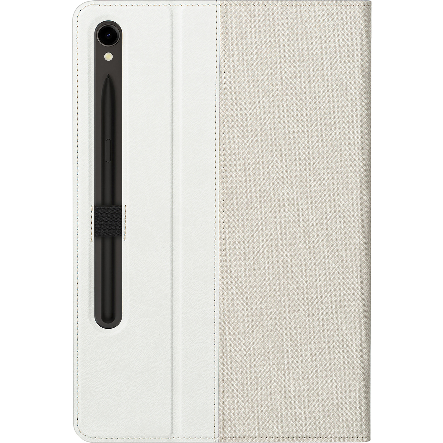 White tablet case with an attached black stylus. The case has a beige fabric section.