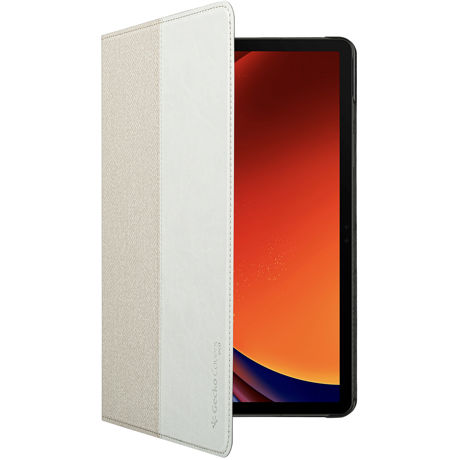 Tablet in a white and beige case, open to reveal a screen with a red and black gradient.