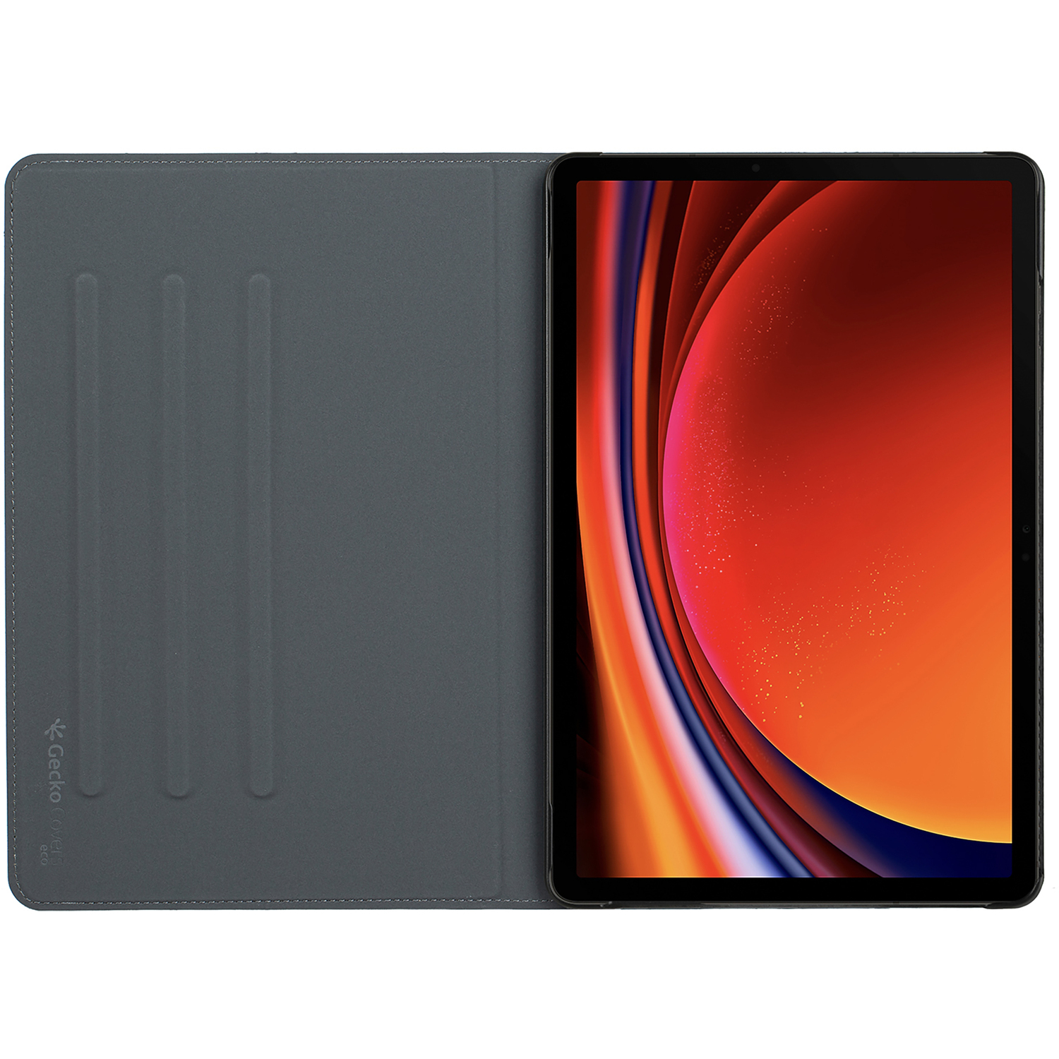 Tablet in a gray case, open. Screen shows a red and orange gradient.