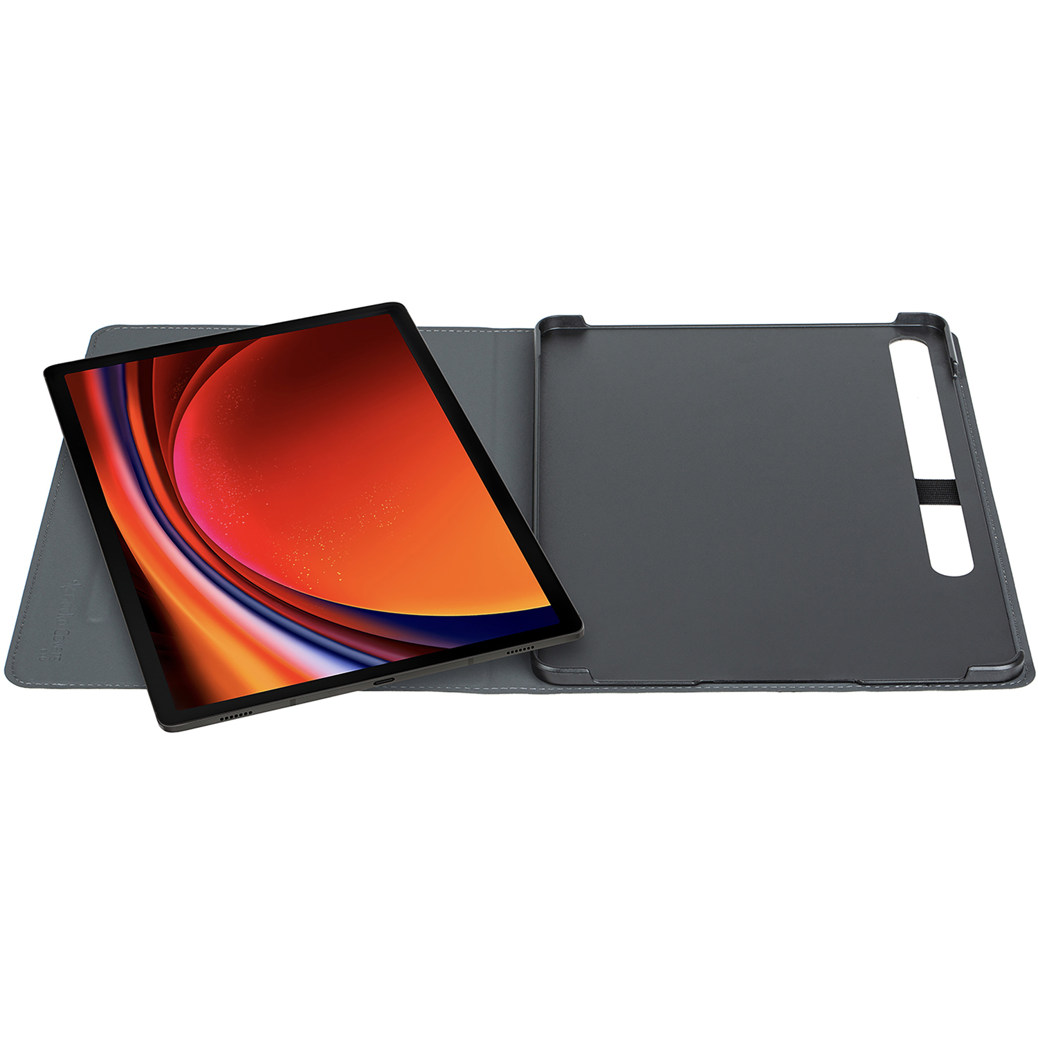 Tablet inside a gray case, open, showing the screen. White background.