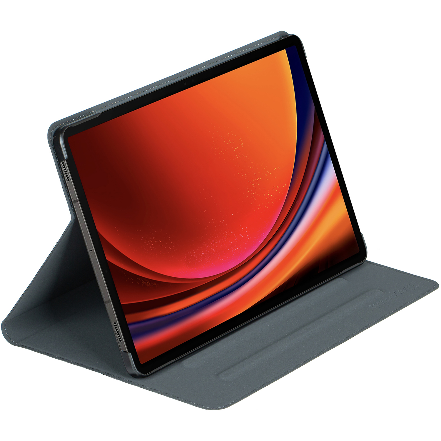 Tablet in a blue case, screen displaying an orange and red abstract image.