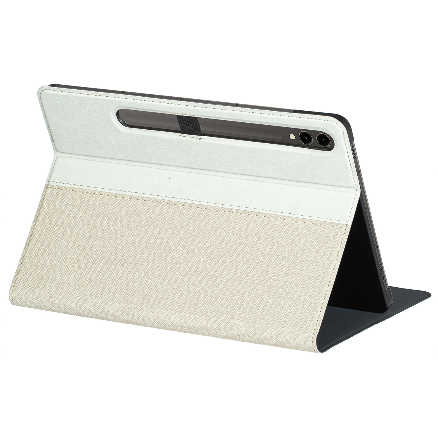 Tablet in a cream and beige case, open. Black screen visible.