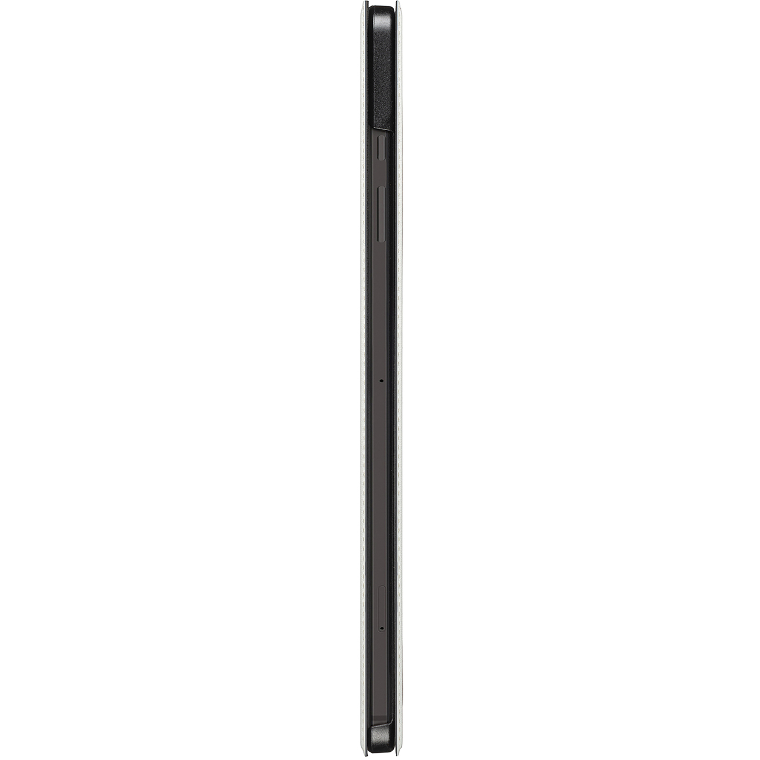 A side view of a phone. It's black and the frame is white. The frame has a button.