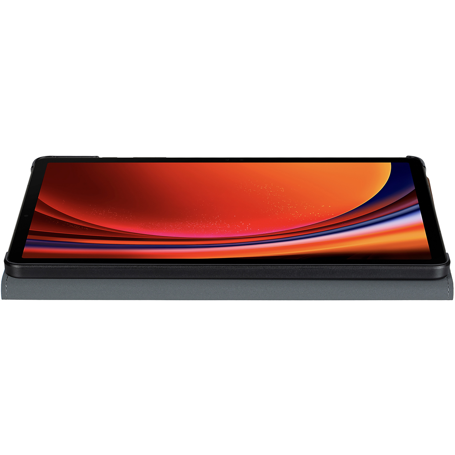 Tablet in a case, showing a colorful abstract design on the screen. The case is grey.