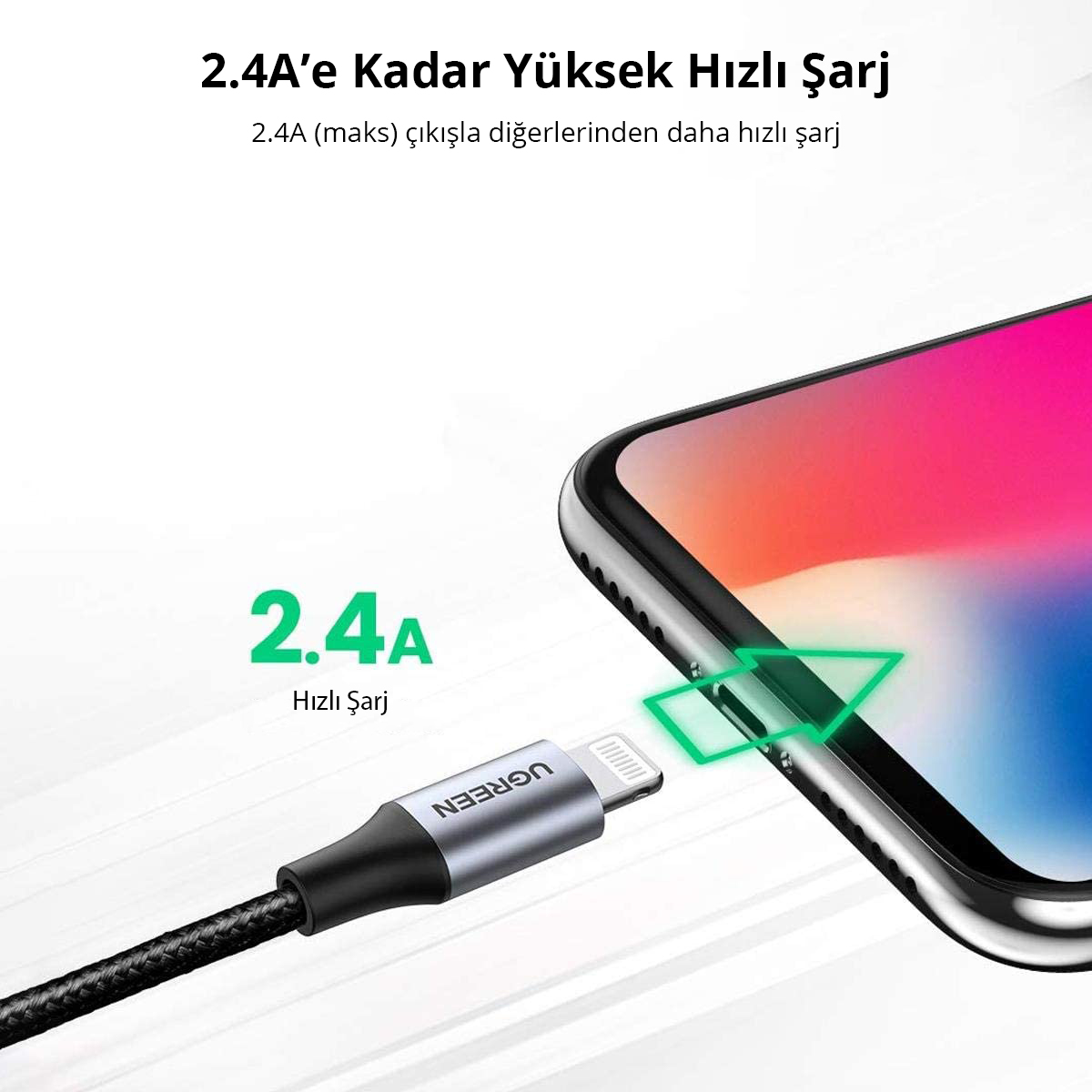 Bir telefonu şarj eden bir kablo. 2.4A yazılı yeşil bir sembol gösteriliyor.