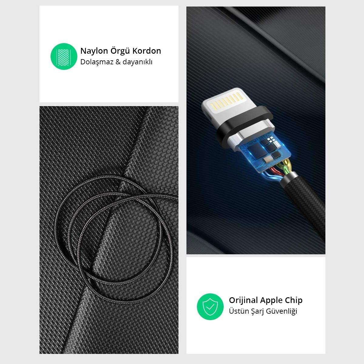 Naylon örgülü kablo, iç kablolamanın detayı, orijinal Apple çipi ile.