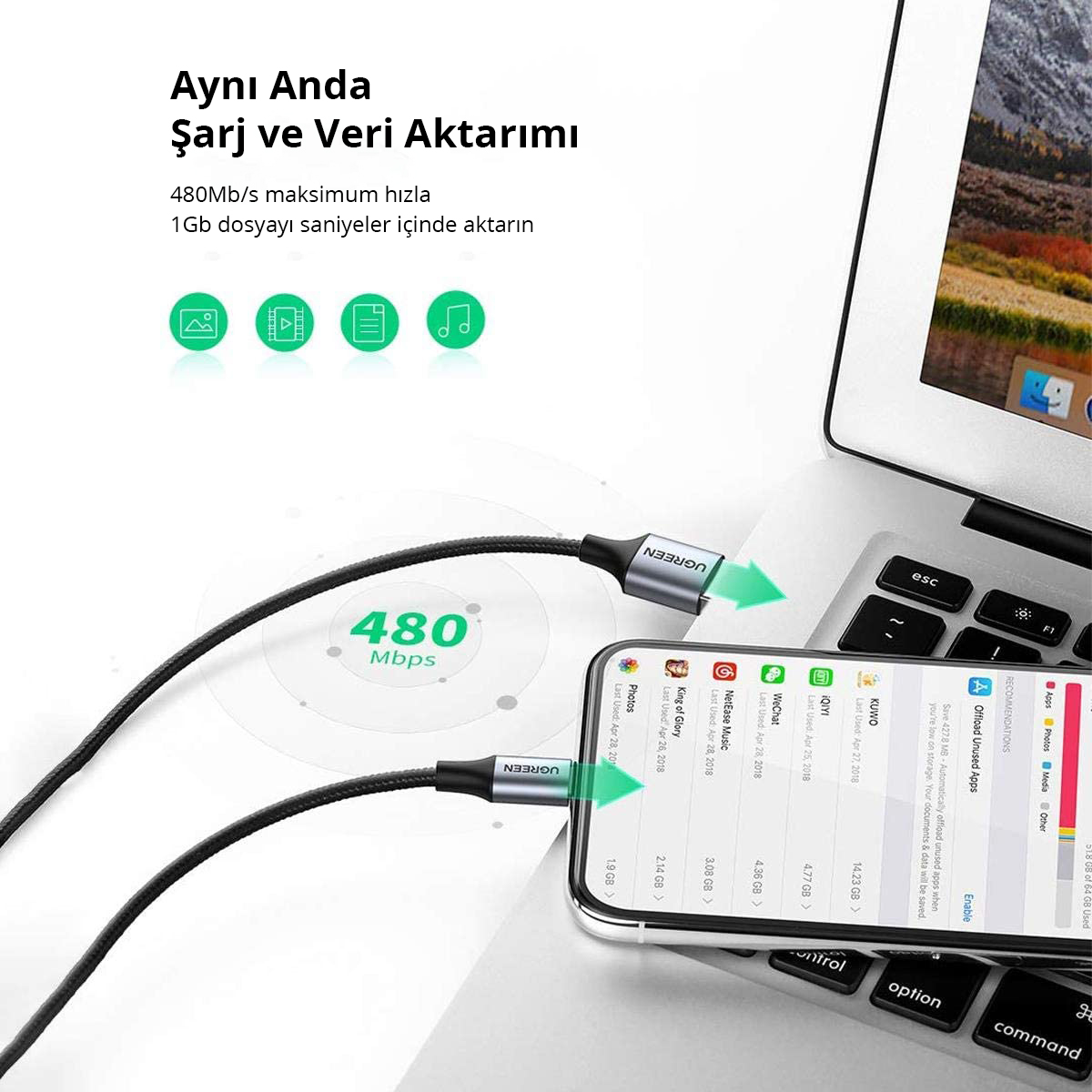 Siyah bir kablo ile bir dizüstü bilgisayara bağlı bir telefon. Veri aktarım hızı 480 Mbps olarak gösteriliyor.