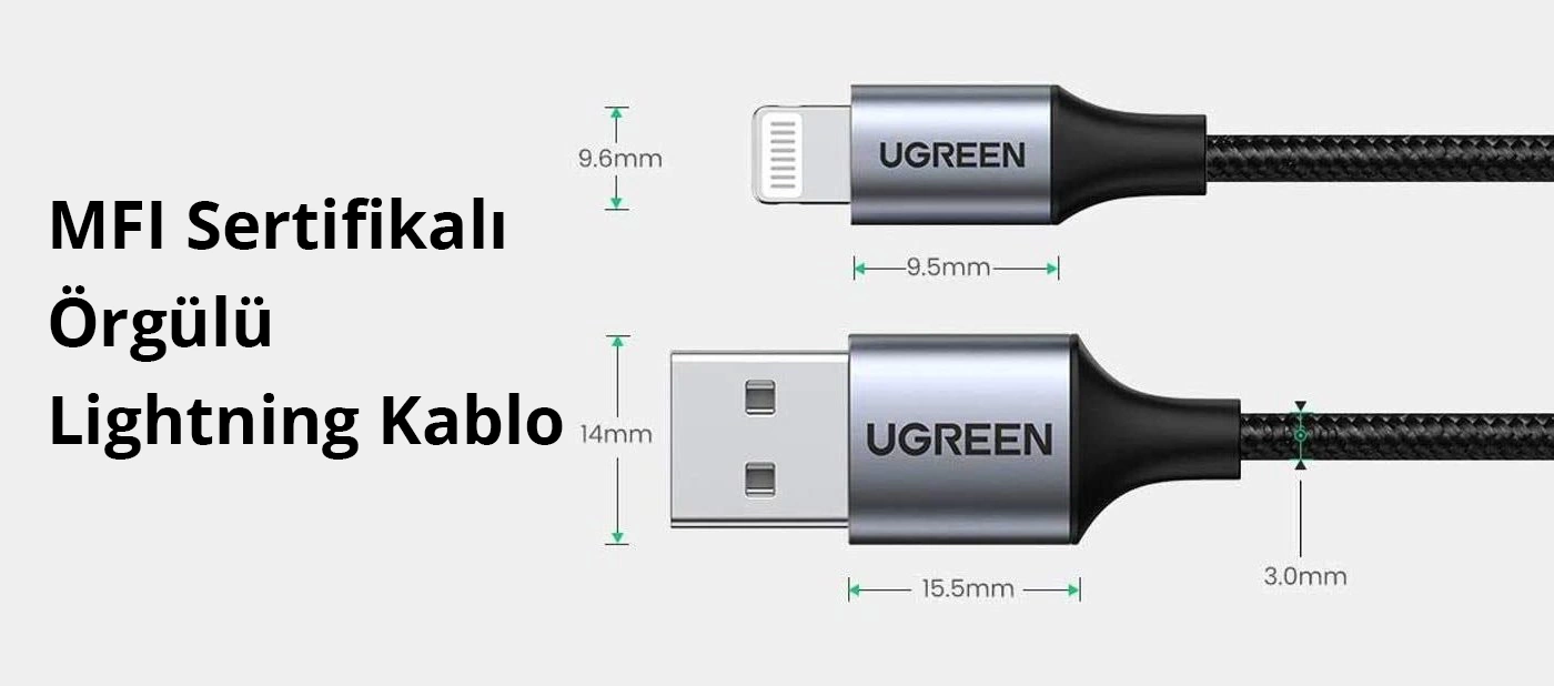 UGREEN Lightning kablosu ve USB kablosunun ölçüm detaylarıyla yakın çekimi.
