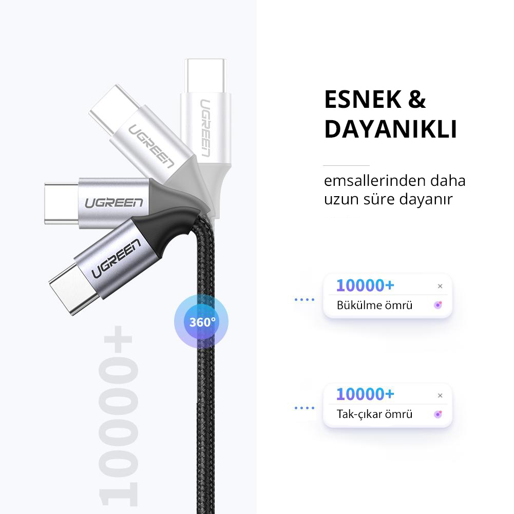 USB-C kabloları gösteriliyor, esnekliği, dayanıklılığı ve 1000'den fazla bükülme testini vurgulayan oklar ve metinlerle.