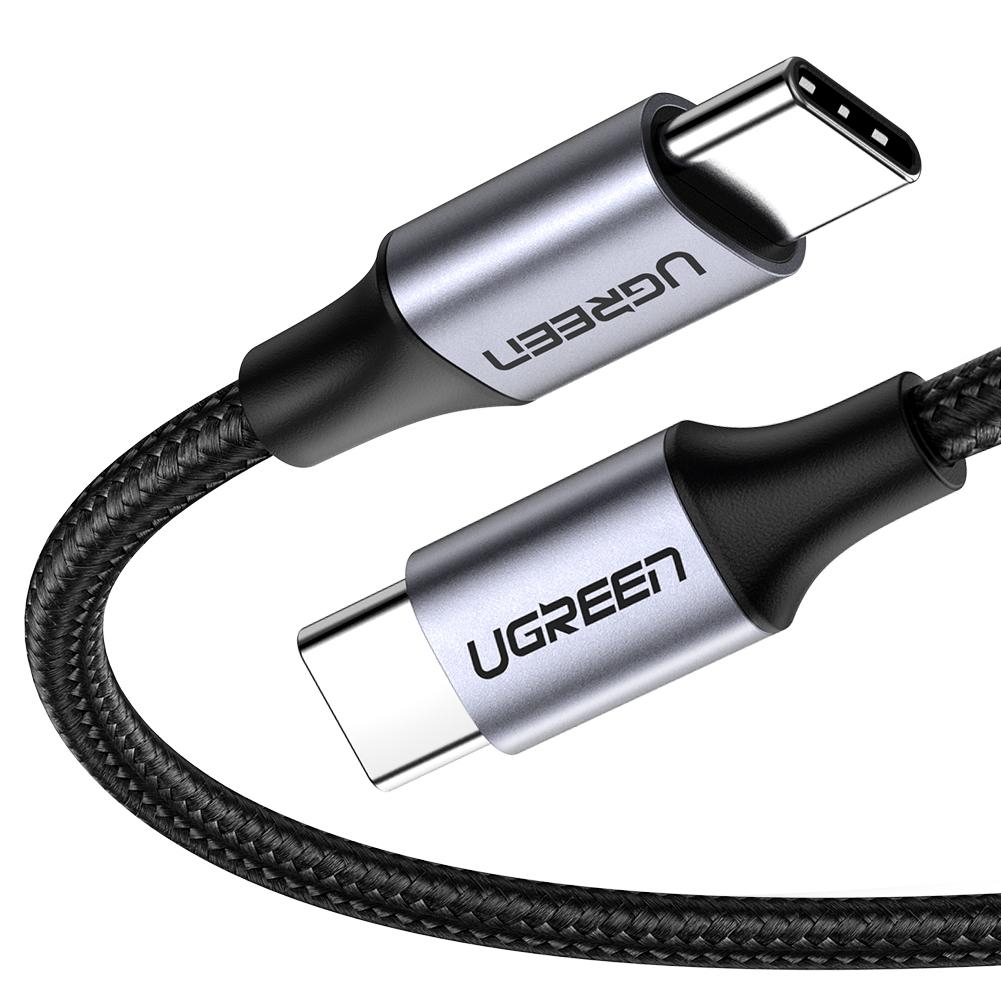 İki siyah ve gri USB-C kablosu. UGREEN logosu uçlarda görünür.