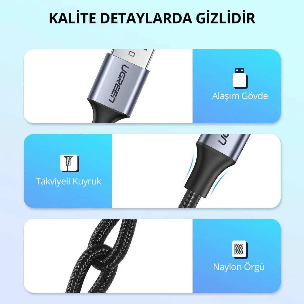 Konektör, güçlendirilmiş kuyruk ve örgülü naylon detaylarıyla bir USB kablosunun yakın çekimi.