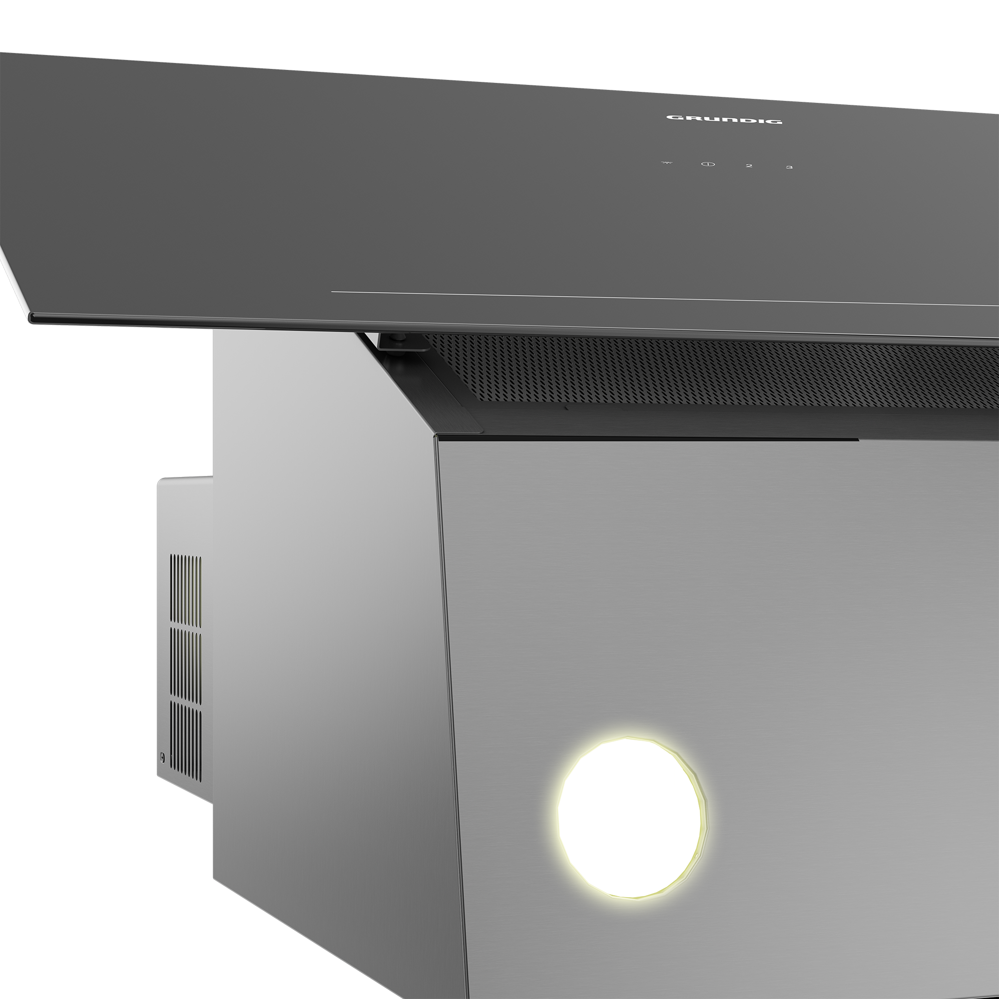 Modern Grundig davlumbaz, gri ve siyah. Dahili ışık ve kontrol düğmeleri vardır. Şık tasarım.